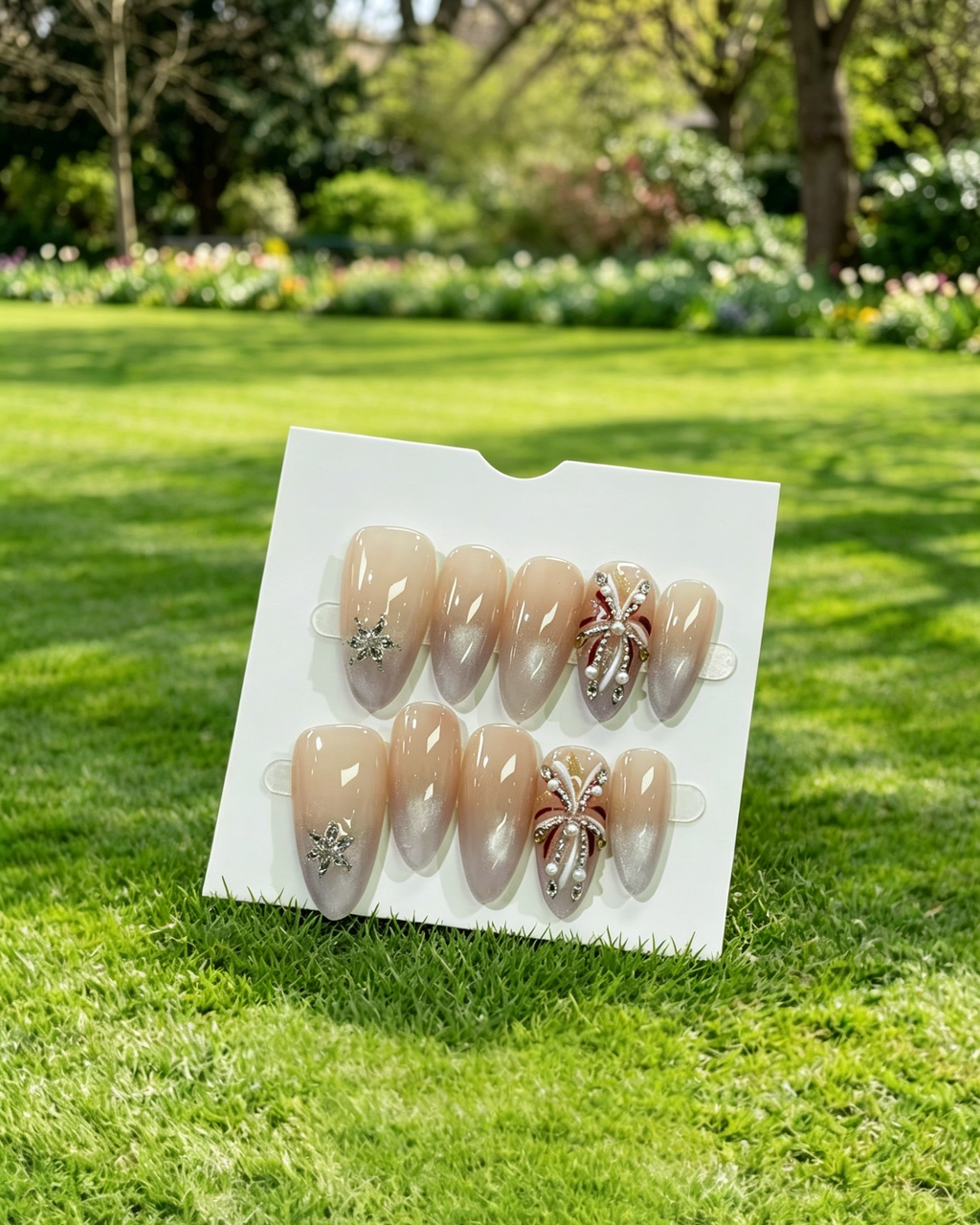 Nude Gradient Rhinestone Almond Press On Nails