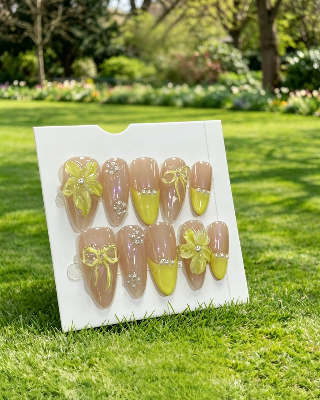 3D Yellow Flower Pearl Almond Fake Nails