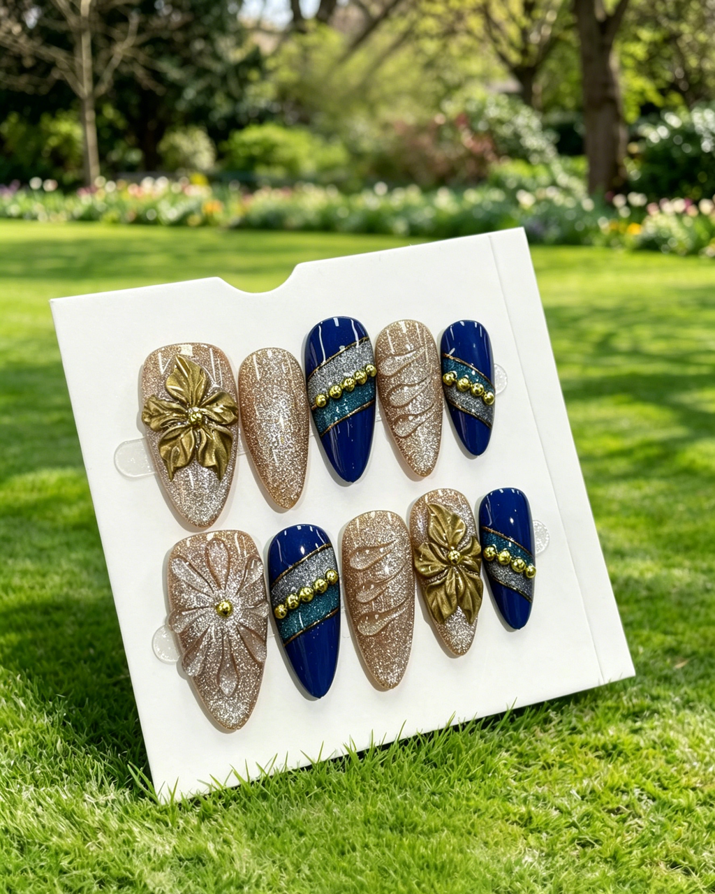 Chic 3D Gold Blue Floral Glitter Press On Nails