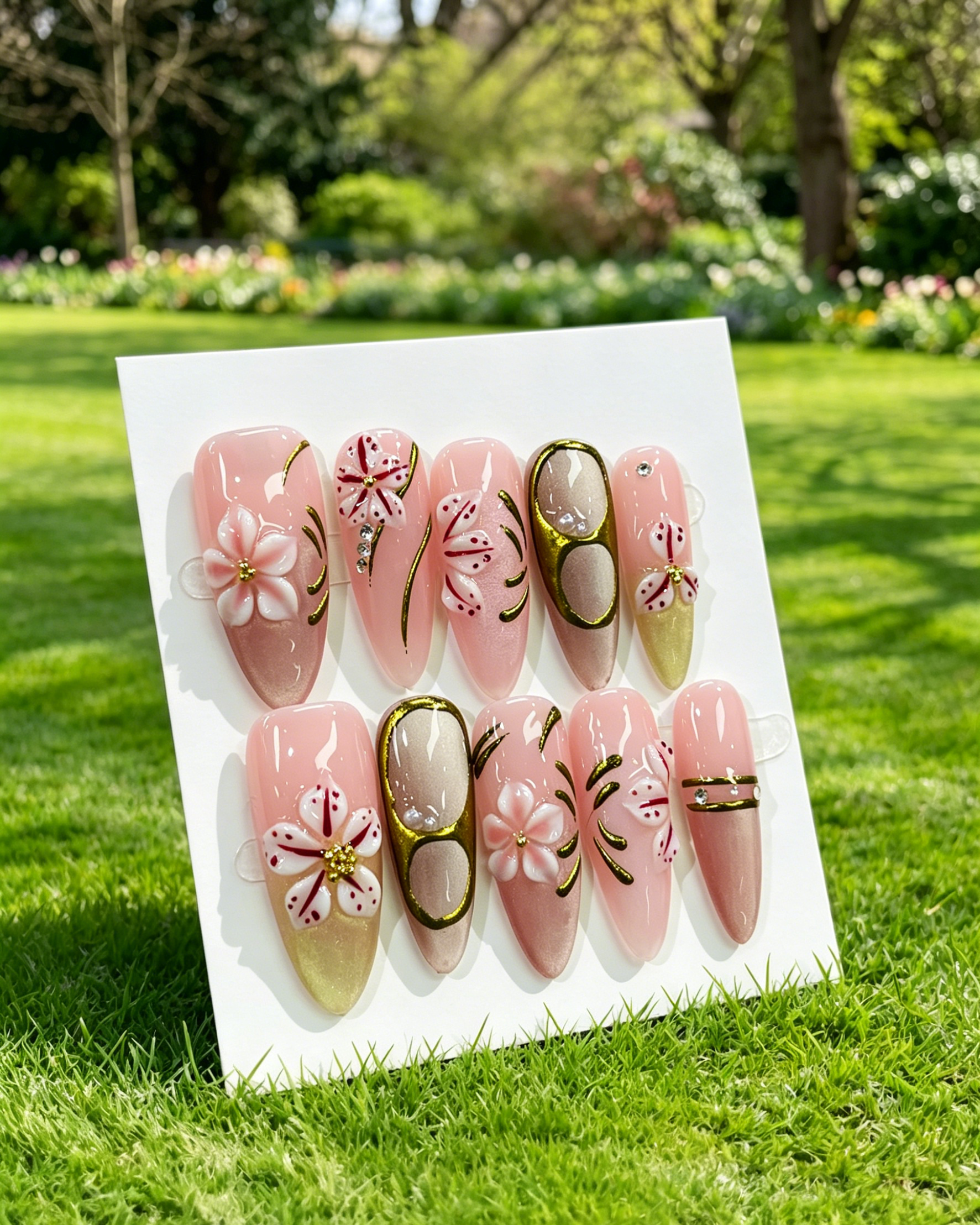 Pink 3D Cherry Blossom Fake Nails