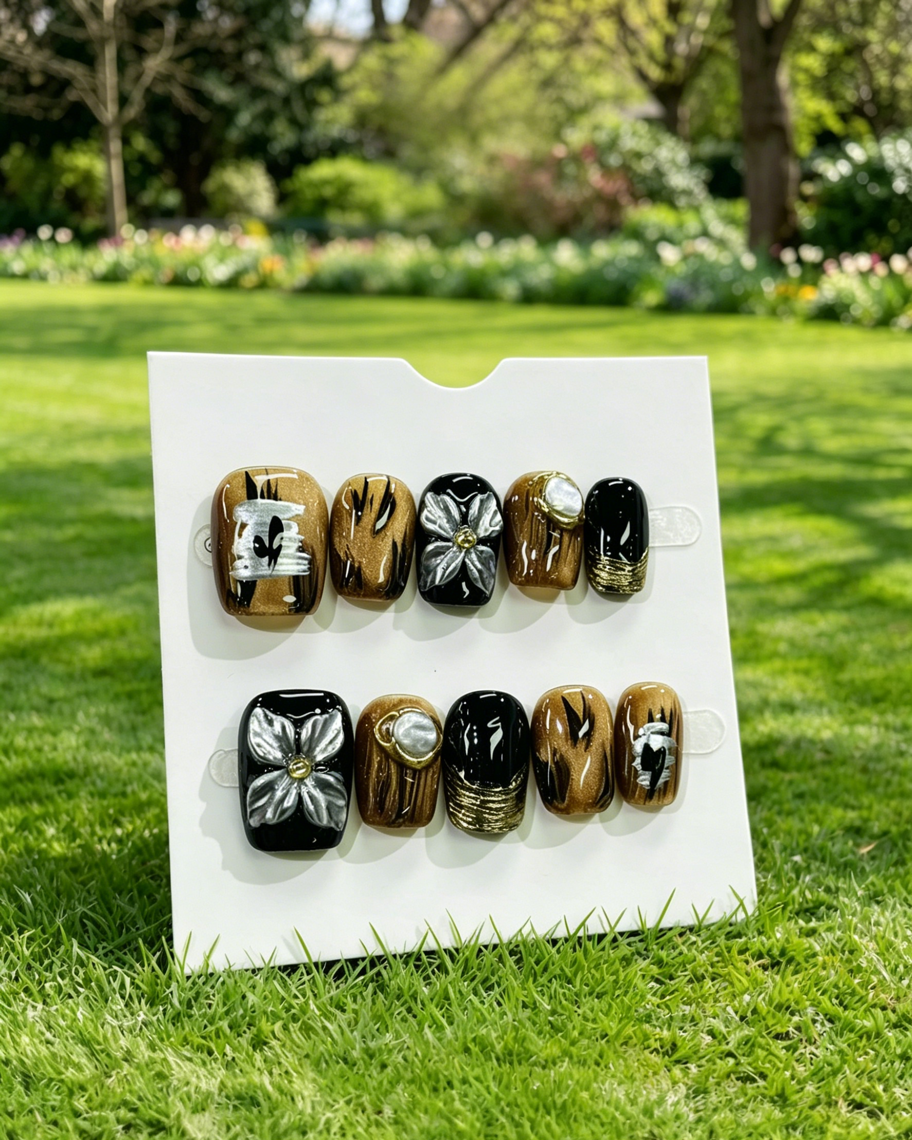 Vintage Amber Floral Press On Fake Nails