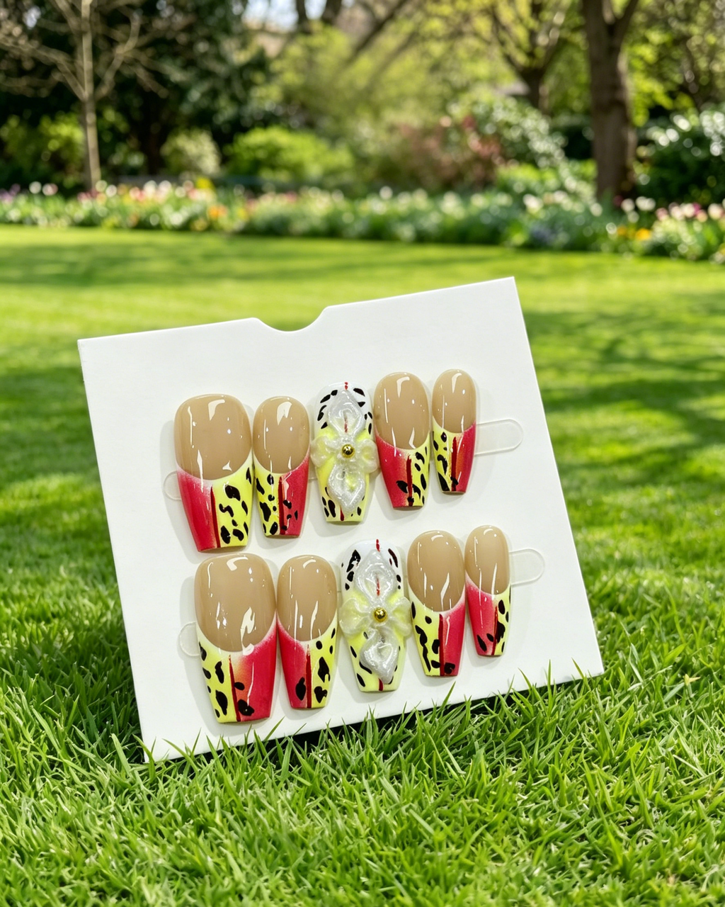 Leopard Print Bow Long Coffin Press On False Nails