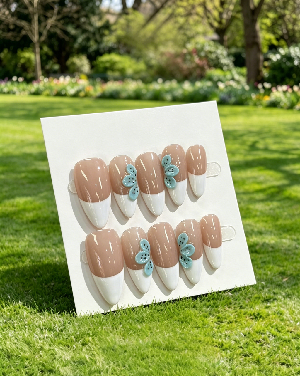 Almond French 3D Flower Press On Fake Nails