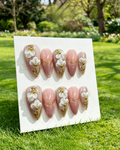 Pink 3D Flower Almond False Press On Nails