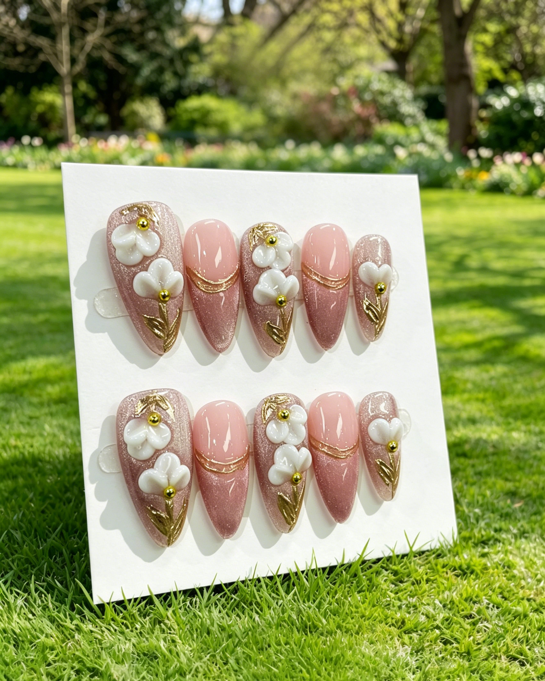 Pink 3D Flower Almond False Press On Nails