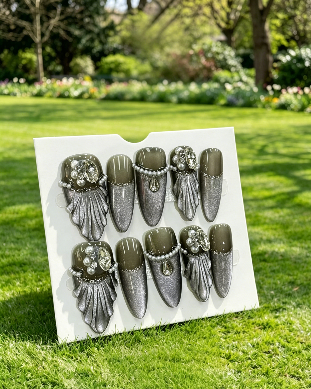 Handmade Grey Rhinestone 3D Press On Nails
