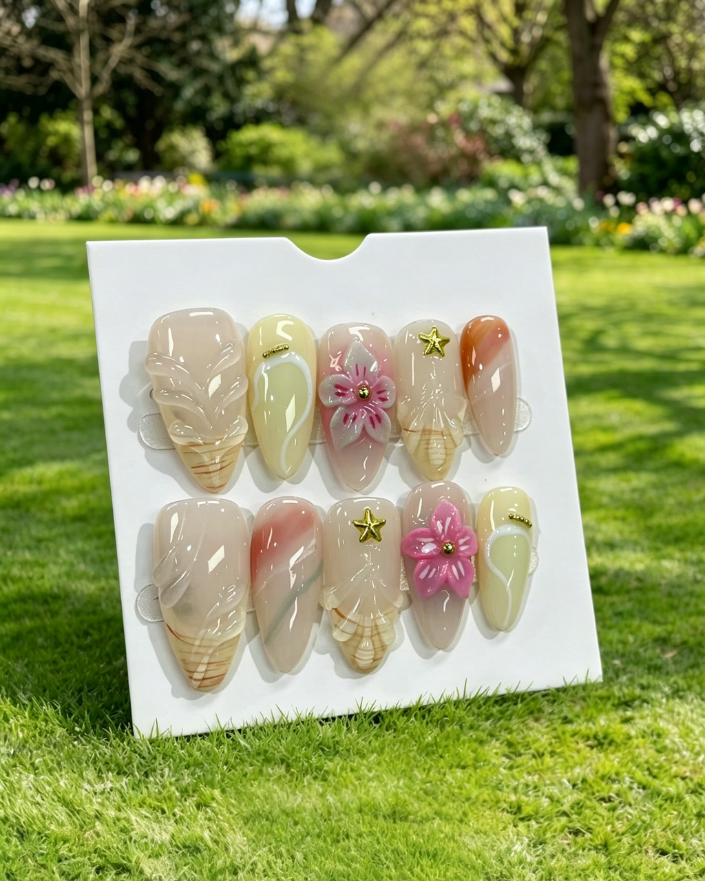 3D Floral Nude Almond Press On Fake Nails