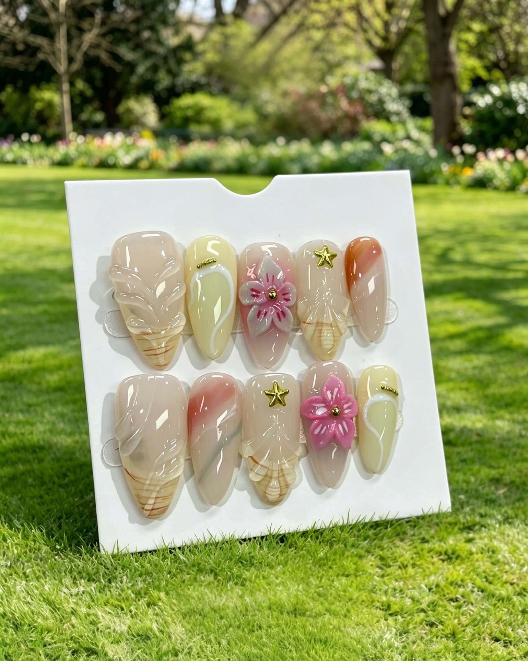 3D Floral Nude Almond Press On Fake Nails