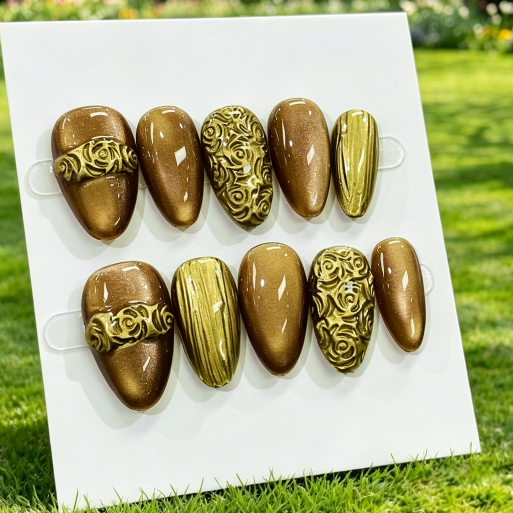 Gold Embossed Almond Fake Nails