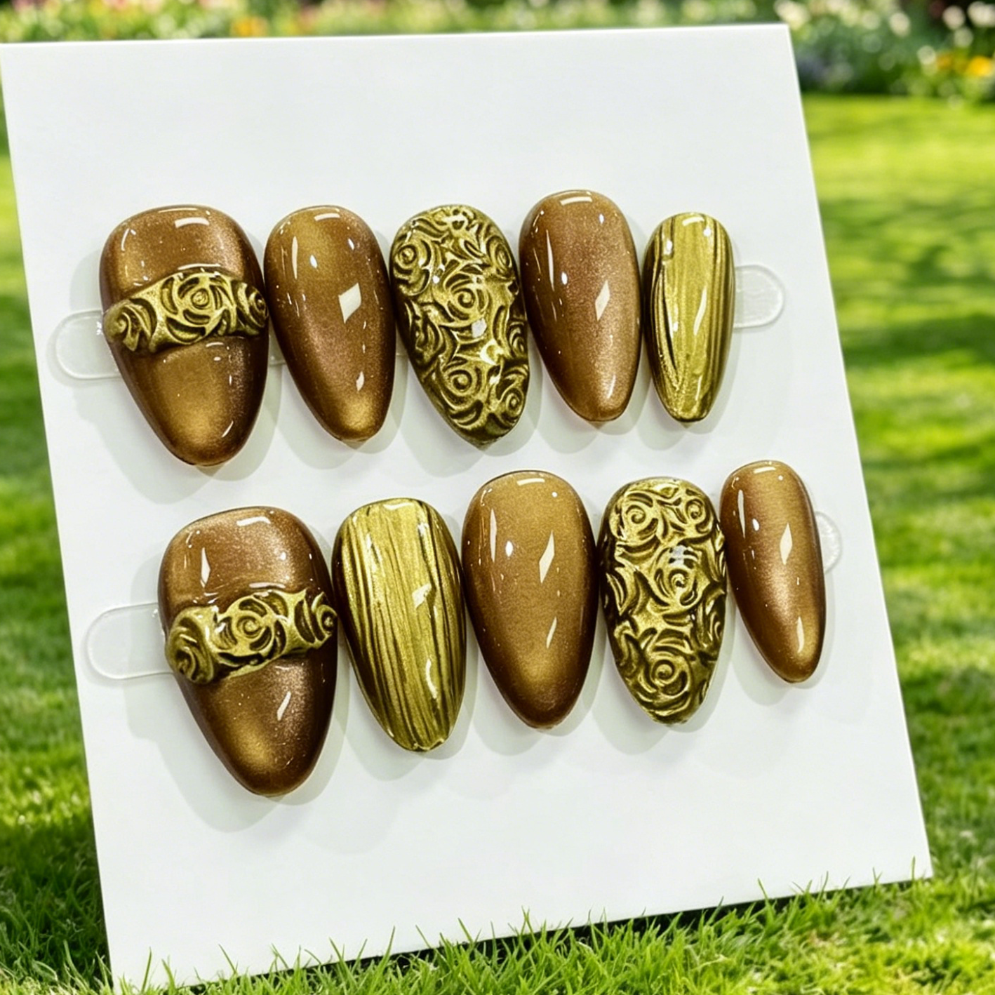 Gold Embossed Almond Fake Nails