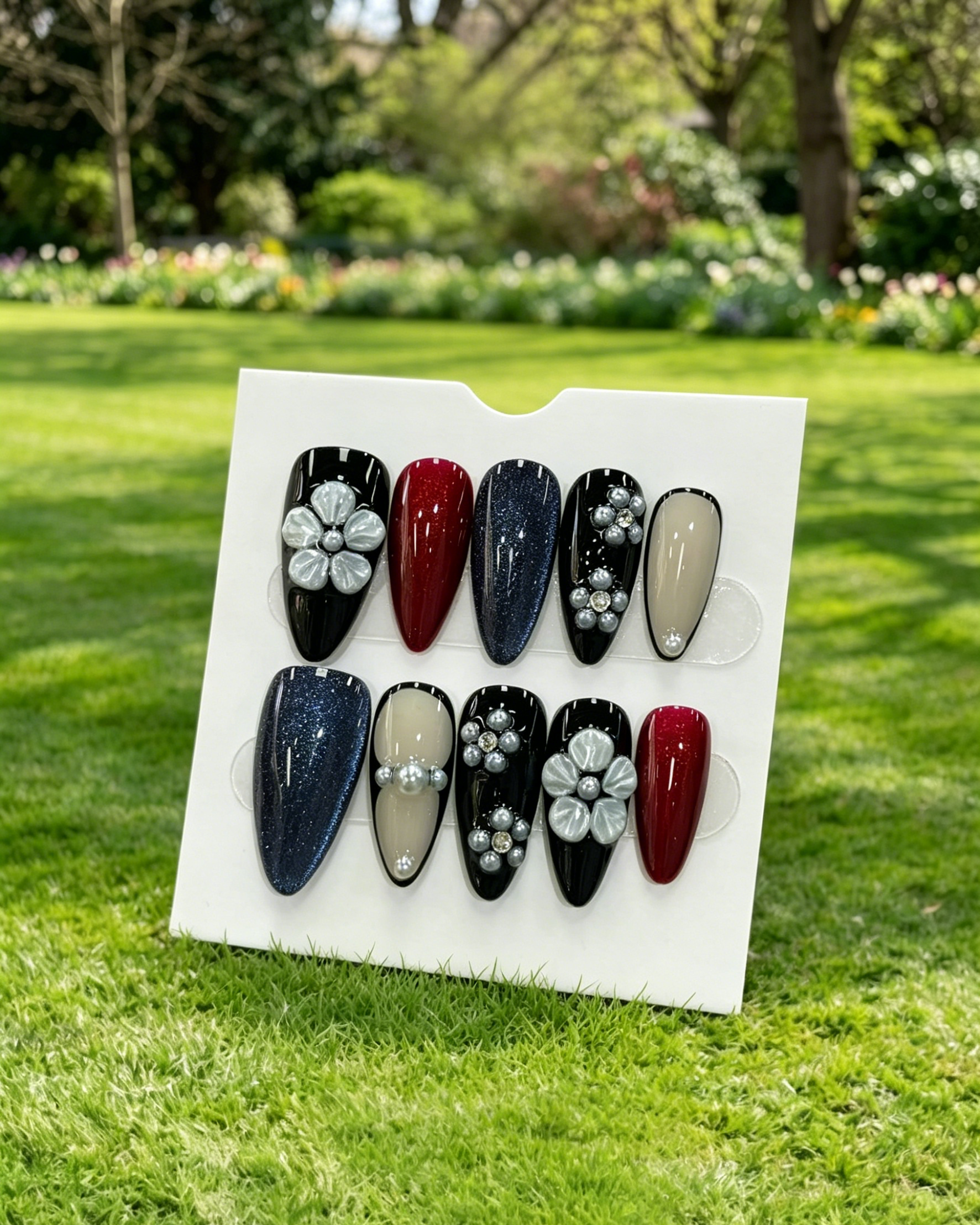 Luxury 3D Pearl Flower Almond Press Nails