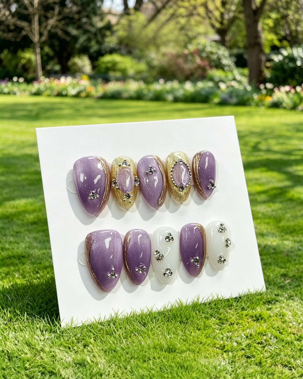 Purple Rhinestone Almond Fake Nails