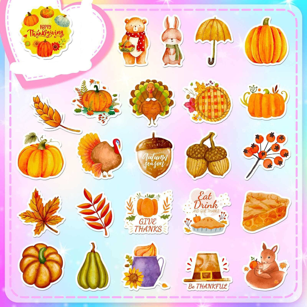 50 Pack Thanksgiving Stickers, Pumpkin Turkey Maple Leaf Autumn Holiday Decals