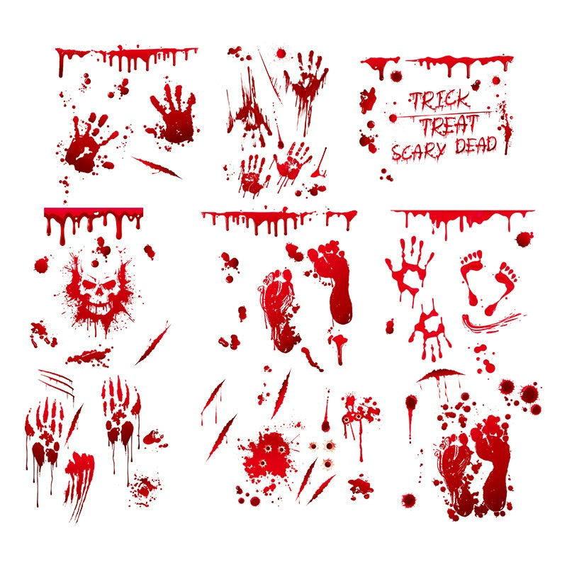 Halloween Blood Handprint Footprint Static Cling Wall Stickers, Horror Glass Window Decals