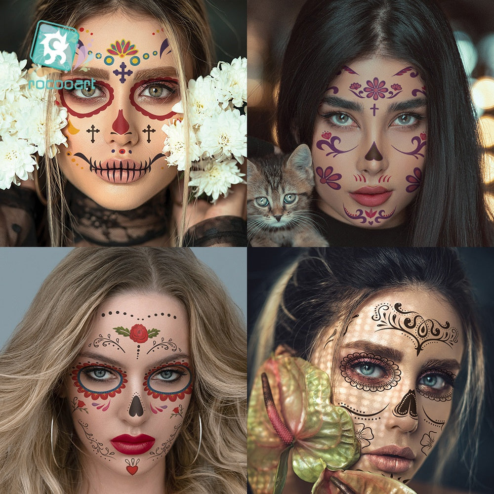 Halloween Day Of The Dead Flower Face Tattoo Stickers, Sugar Skull Party Makeup Face Decals