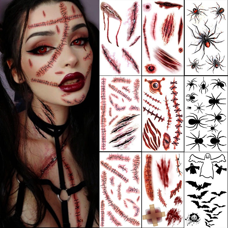 Halloween Skull Grim Reaper Temporary Tattoos, Scythe Blood Scar Bat Tombstone Tattoo Stickers