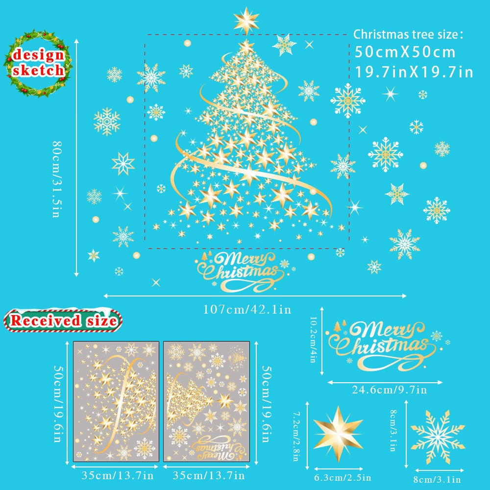 Gold Silver Christmas Tree Snowflake Window Stickers, Static Cling Glass Decals for Storefront