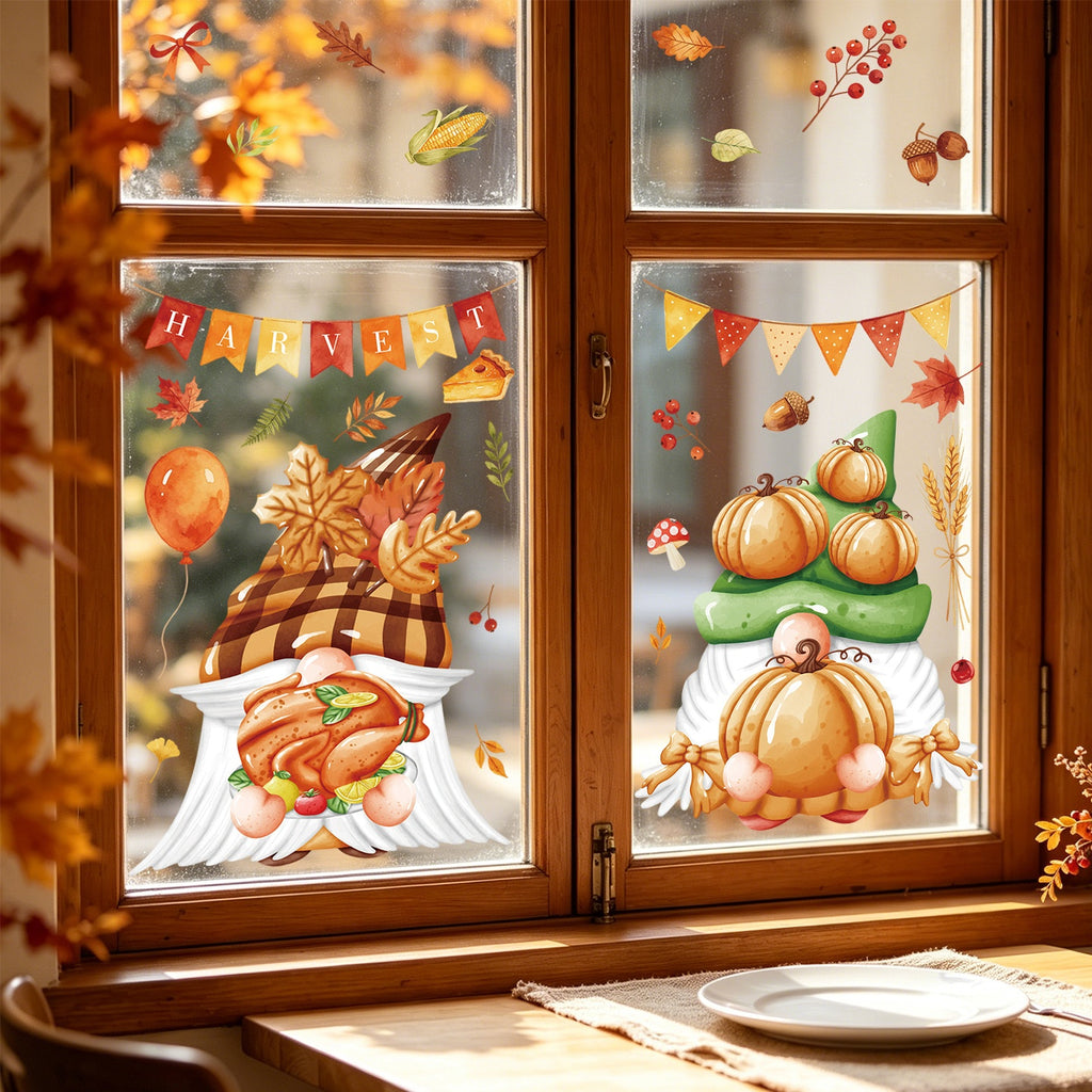 Fall Thanksgiving Static Window Stickers, Gnome Turkey Pumpkin Maple Leaf No Glue Glass Decals For Storefronts