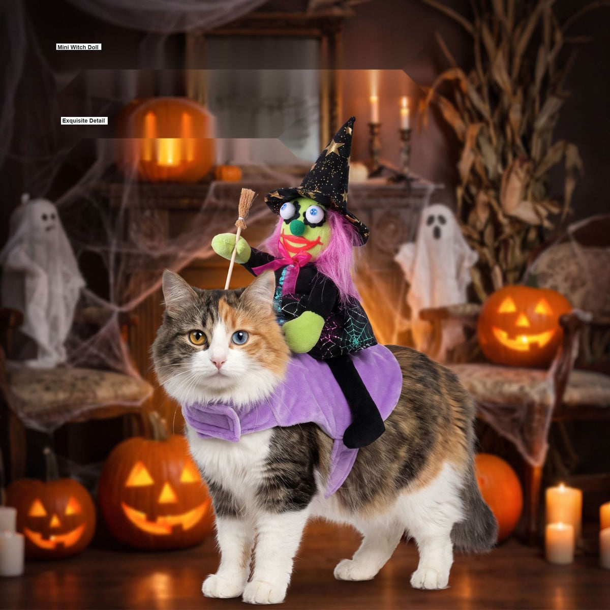 Halloween Pet Wizard Riding Costume, 3D Witch Doll Funny Ride-On Outfit