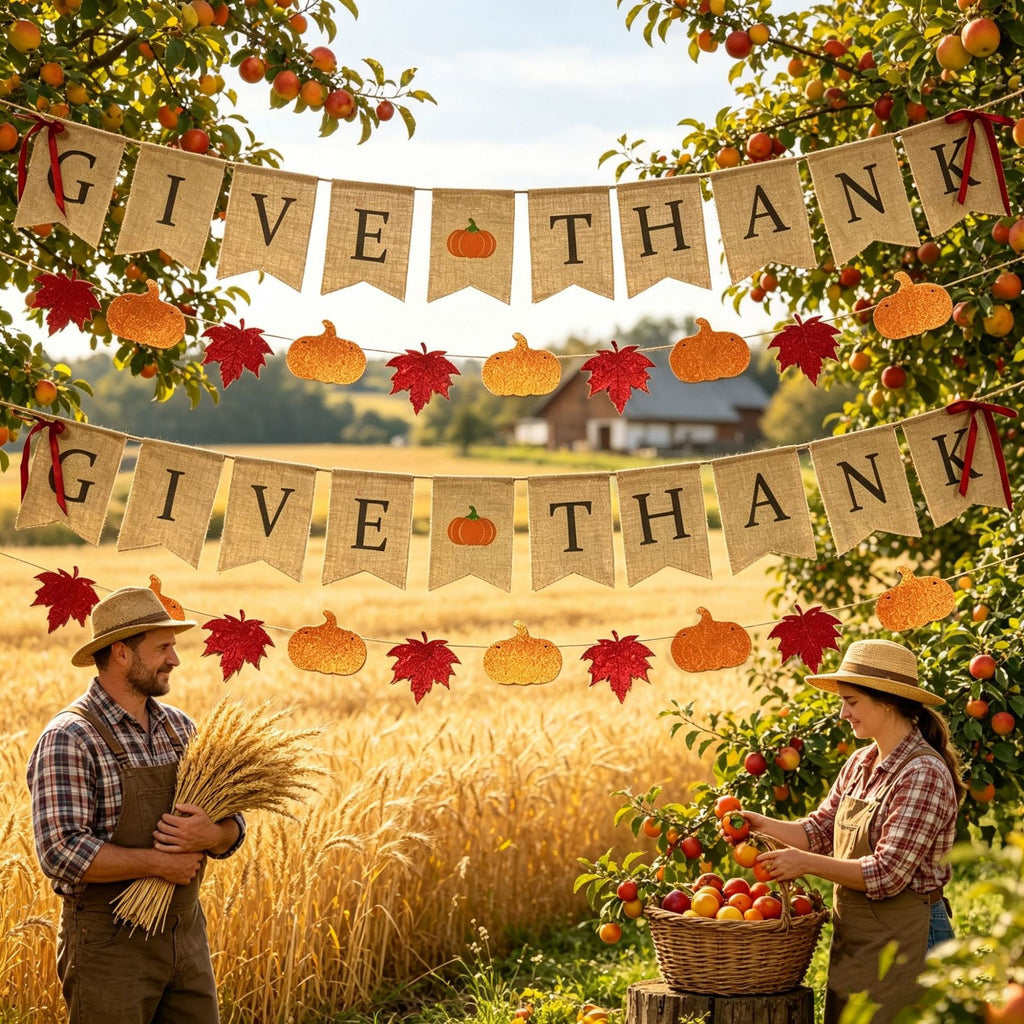 Give Thanks Fall Harvest Bunting Flag, Burlap Triangle Banner Decor