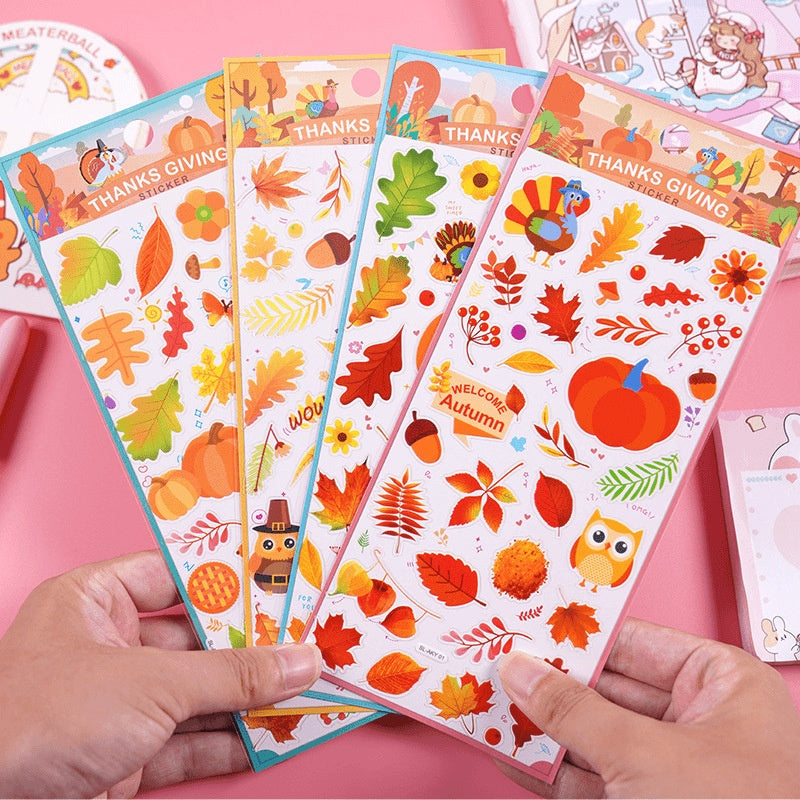 Thanksgiving Fall Maple Leaf Turkey Stickers for Kids Cartoon Holiday Decorative Sticker Pack
