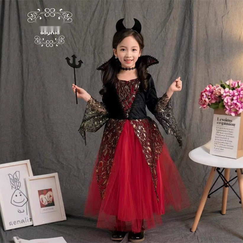 Kids Halloween Vampire Witch Costume, Girls Wizard Cape With Puff Sleeves For Masquerade Party