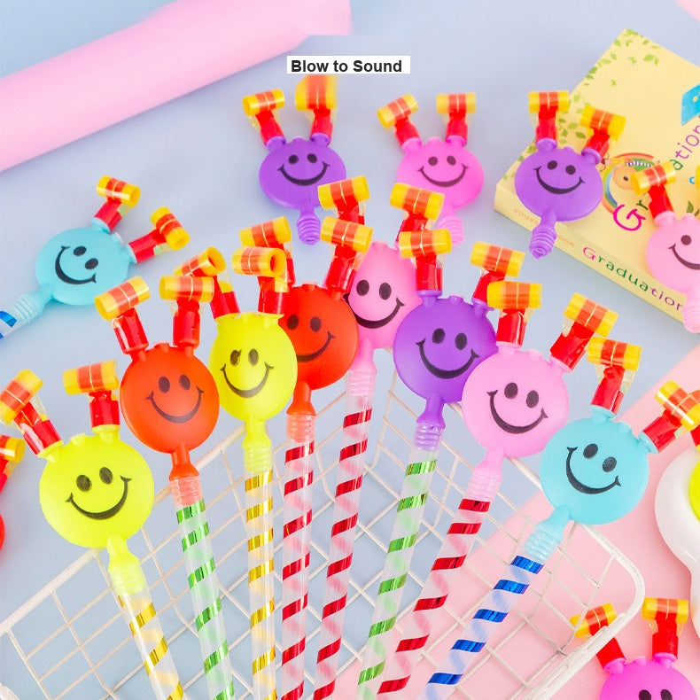 Large Party Blowout Horns with Smiley Face, Funny Blow Out Whistle Toys for Kids Party Favors