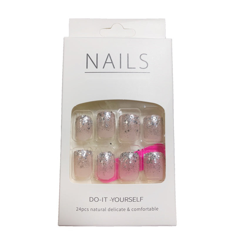 Glitter French Press On Nails Short False Nails Fake Nail Tips Finished Manicure Set