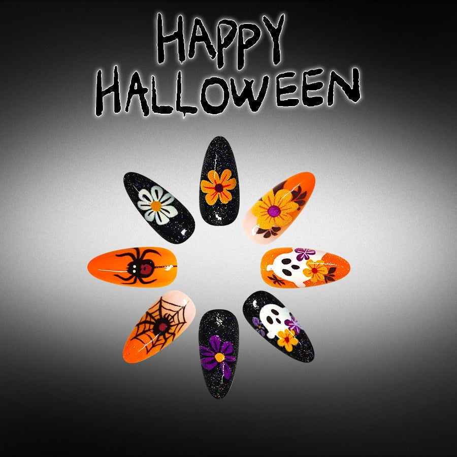 Medium Shiny Almond Halloween Press On Nails 24 Pcs, Orange Ghost Spider Web Flower Pattern False Nails