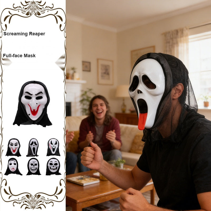 Halloween White Ghost Scream Mask With Veil, Plastic Scary Face Mask For Masquerade Costume Parties