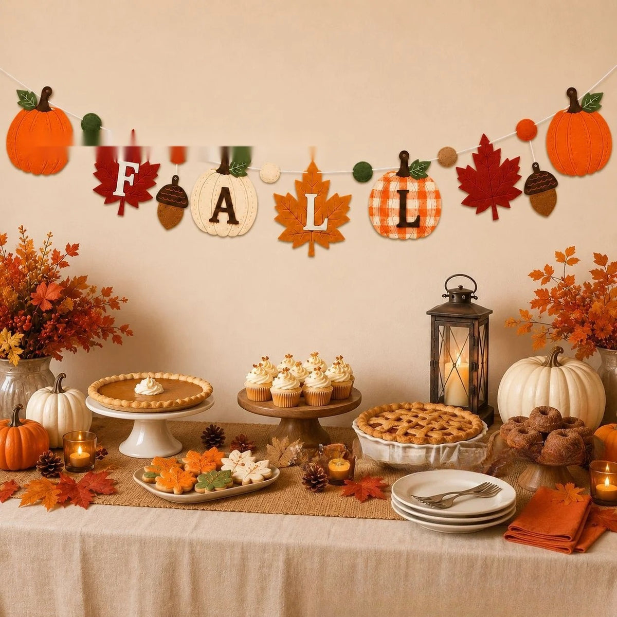 Thanksgiving Felt Banner Garland Maple Leaf Pumpkin Harvest Decorations Fall Party Hanging Bunting