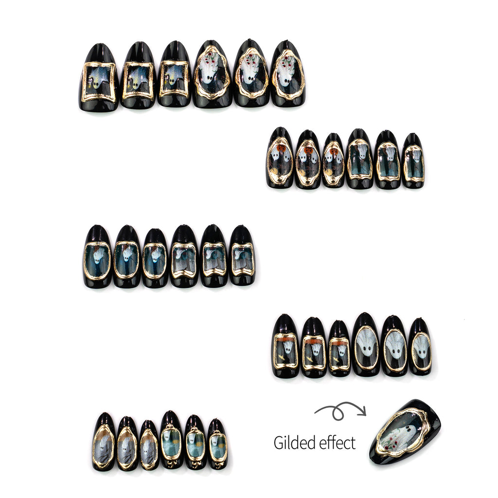 Vintage Gold Halloween Press On Nails, Sweet Gothic Ghost Style Black False Nails for Women