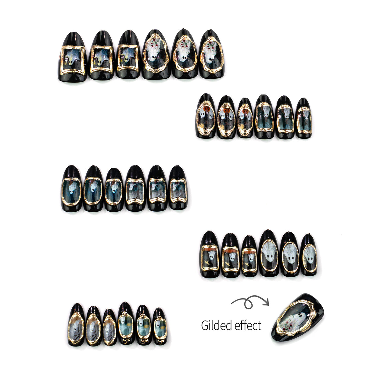 Vintage Gold Halloween Press On Nails, Sweet Gothic Ghost Style Black False Nails for Women