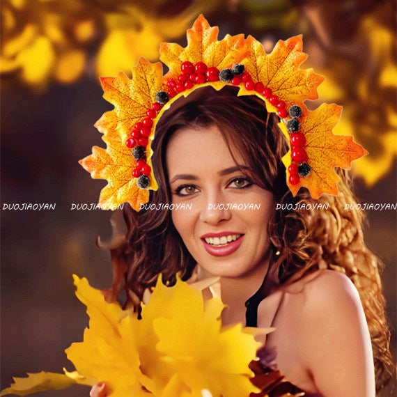 Faux Maple Leaf Headband, Fall Harvest Yellow Red Leaf Hair Accessory For Thanksgiving
