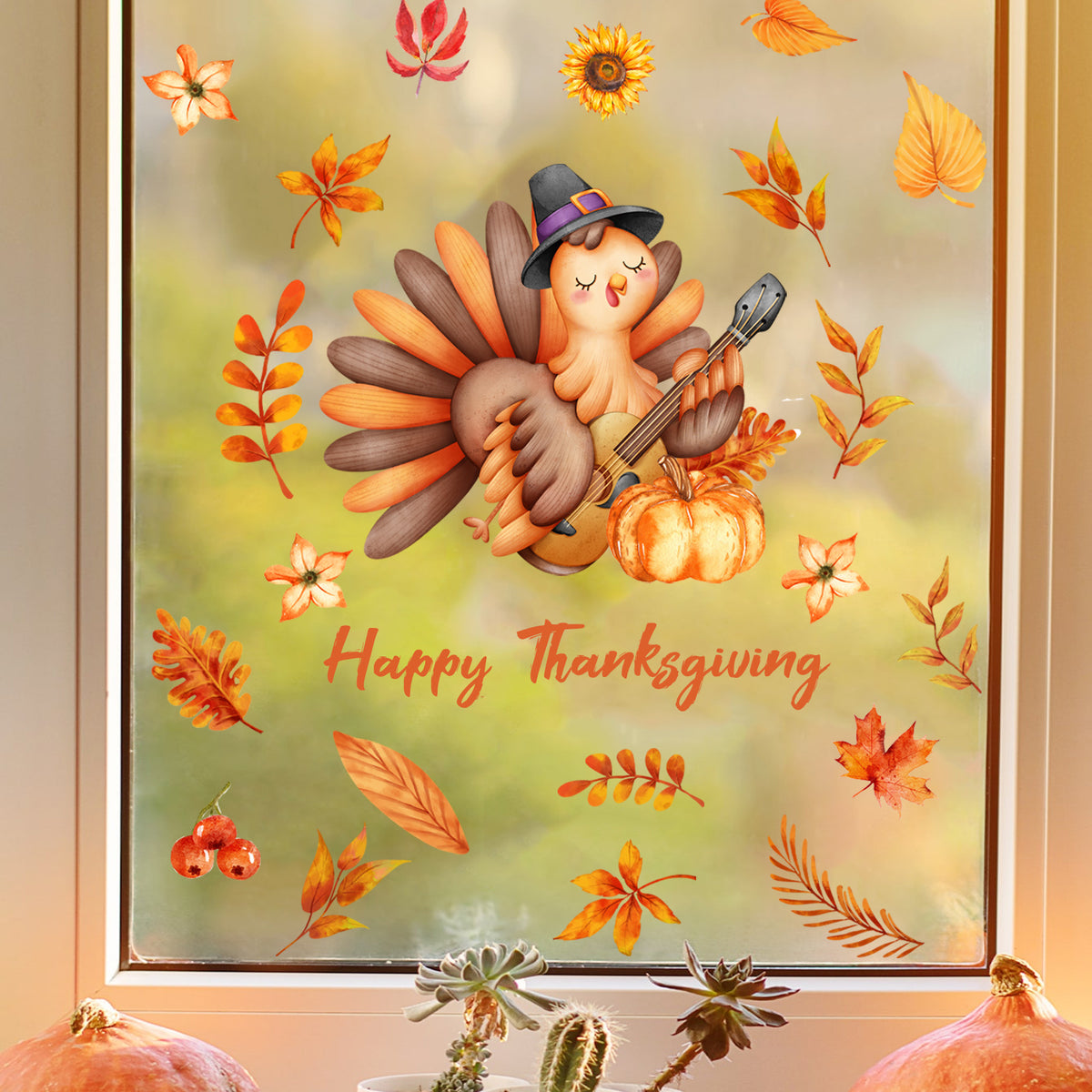 Fall Thanksgiving Cartoon Maple Leaf Turkey Window Clings, Home Wall Decals