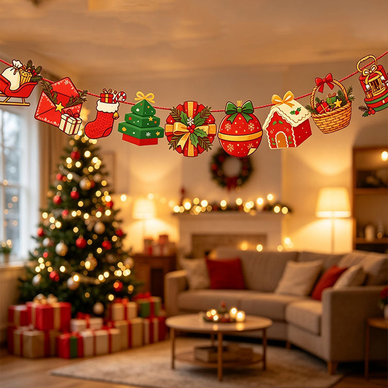 Christmas Gift Party Banner Pennant, Holiday Gathering Scene Decorations for Party
