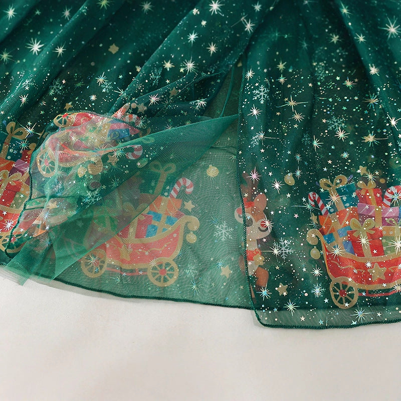 Kids Christmas Hooded Green Cape, Holiday Print Cloak For Children's Festive Costume Dress Up