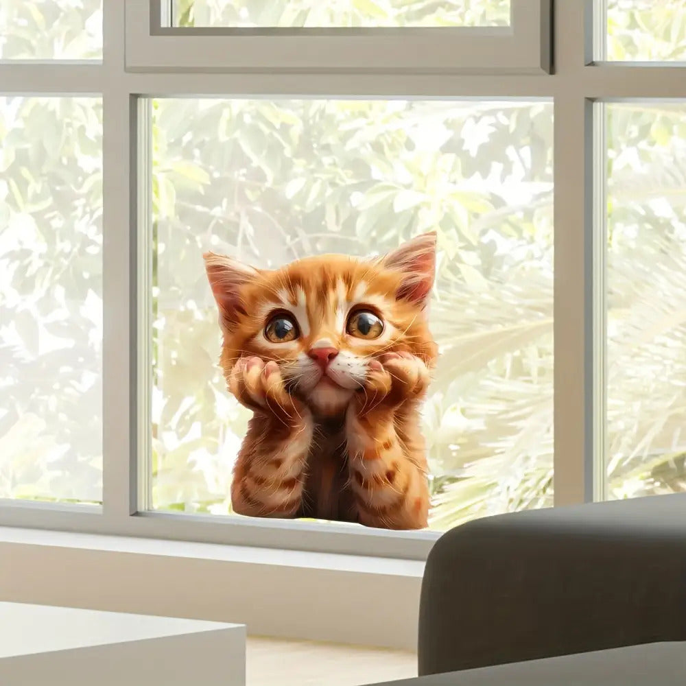 Cute Tabby Cat Static Cling Window Sticker, Removable PVC Glass Decal For Christmas Storefront Decor