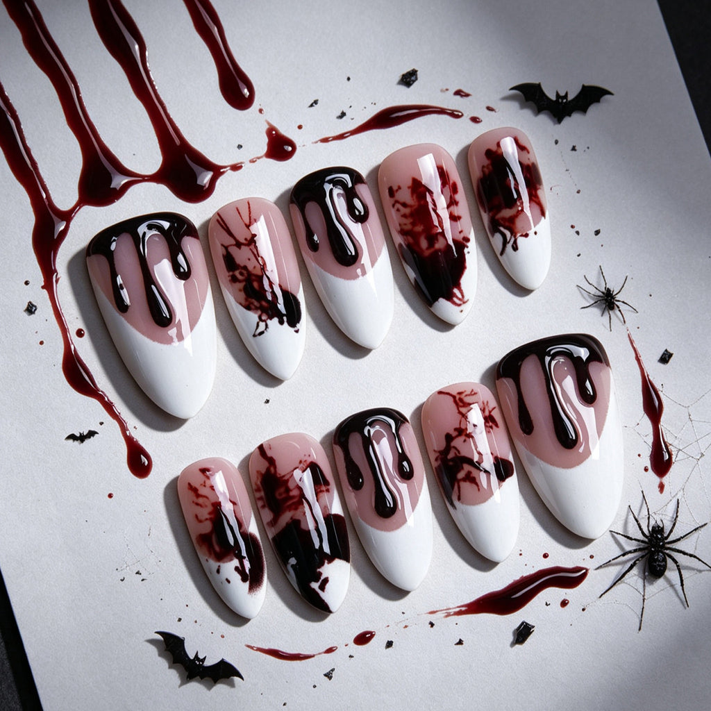 Halloween Handmade French 3D Gel Blood Press On Nails, Almond Shape Removable False Nails