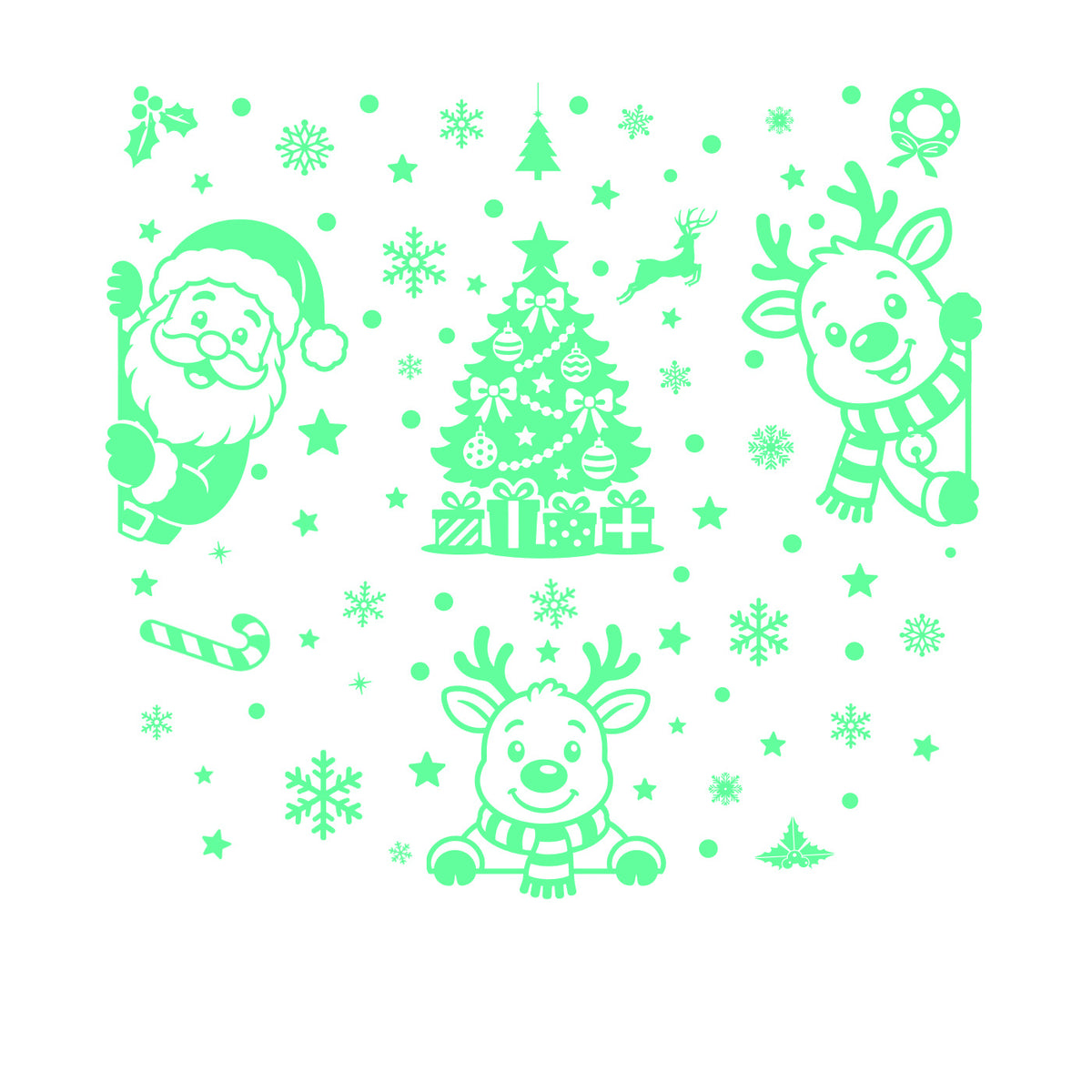 Glow in the Dark Santa Reindeer Window Stickers, Green Fluorescent Snowflake Static Cling Decor