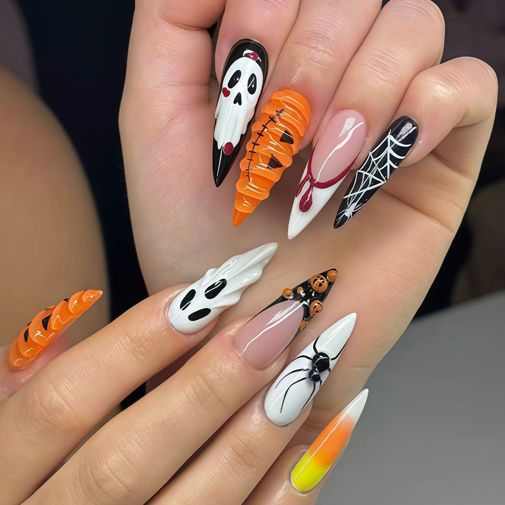 Halloween 3D Press On Nails 24 Pcs, Pumpkin Spider Hot Girl False Nails For Party Look