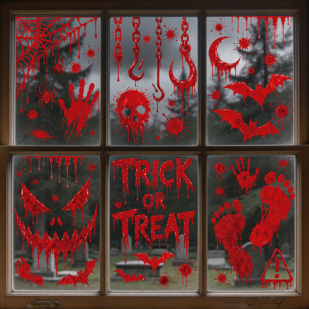 Halloween Blood Handprint Footprint Static Window Stickers, Skull Eyeball Glass Decals For Haunted House Party