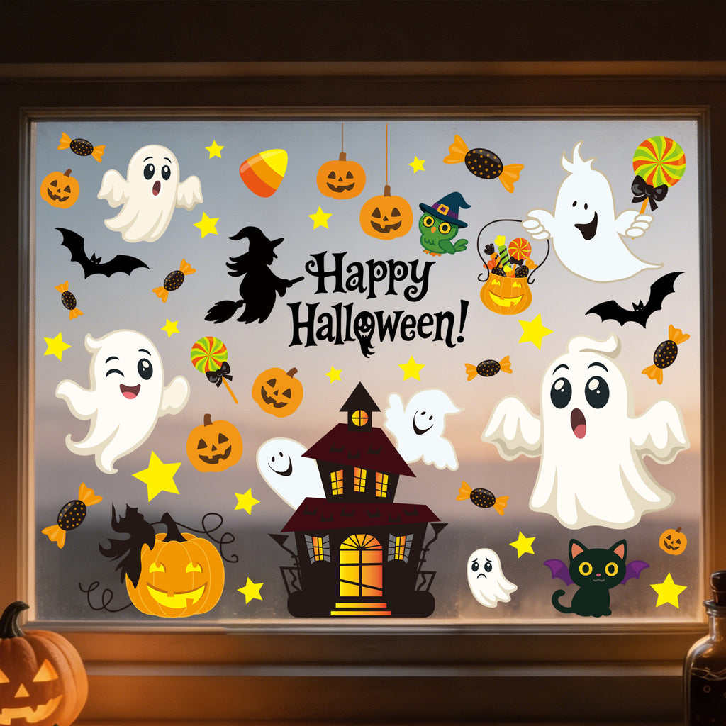 Cute Halloween Ghost Static Window Stickers, Pumpkin Witch Candy Black Cat Glass Decals For Haunted House Decor