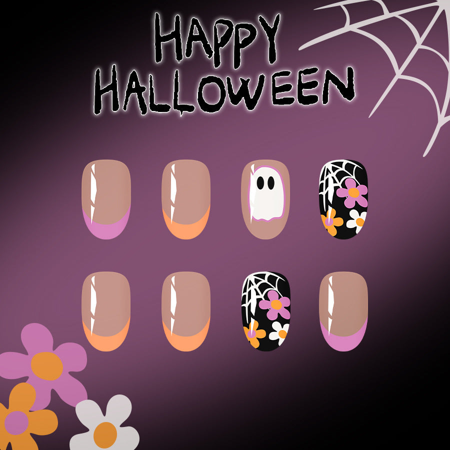 Halloween French Press On Nails Short Oval Ghost Bat Pumpkin Plaid Flower 24 Pcs Set