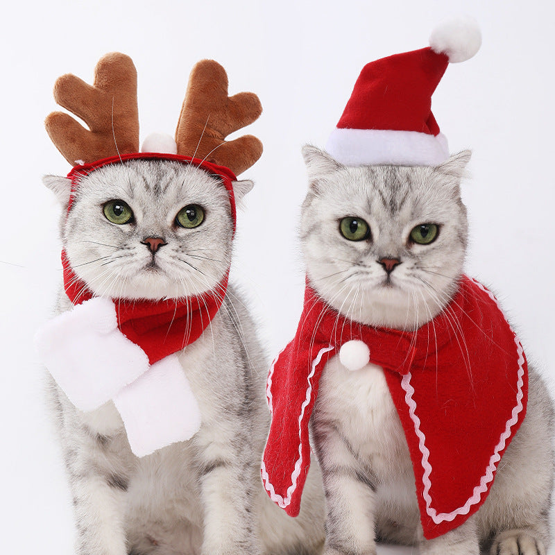 Pet Christmas Cape Scarf Hat Set, Santa Costume for Cats and Dogs Holiday Outfit