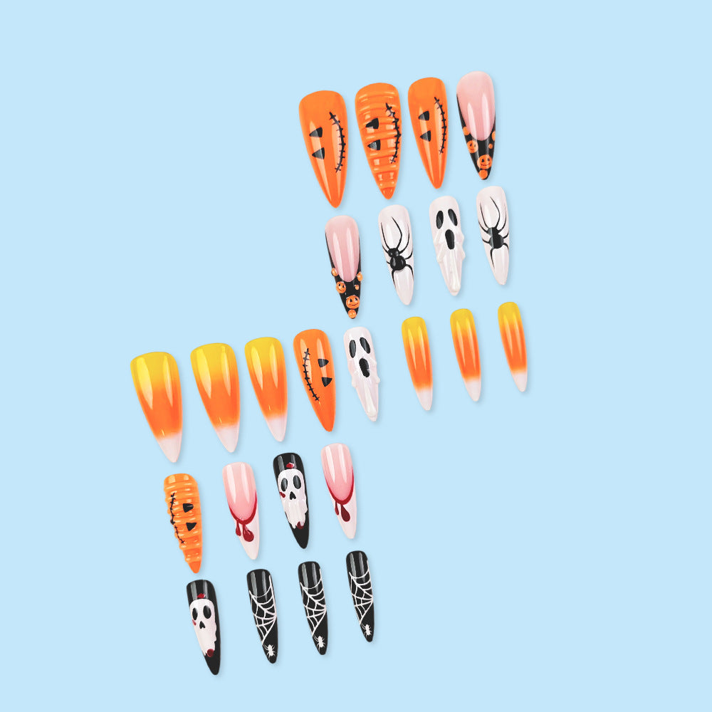 Halloween 3D Press On Nails 24 Pcs, Pumpkin Spider Hot Girl False Nails For Party Look