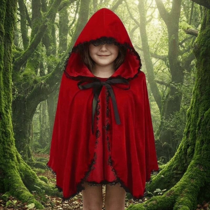 Kids Hooded Cape with Lace Trim, Little Red Riding Hood Costume Cloak for Christmas Role Play