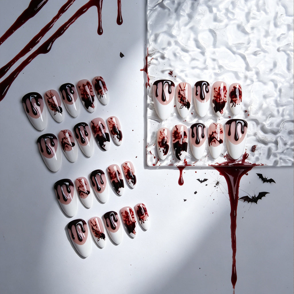Halloween Handmade French 3D Gel Blood Press On Nails, Almond Shape Removable False Nails