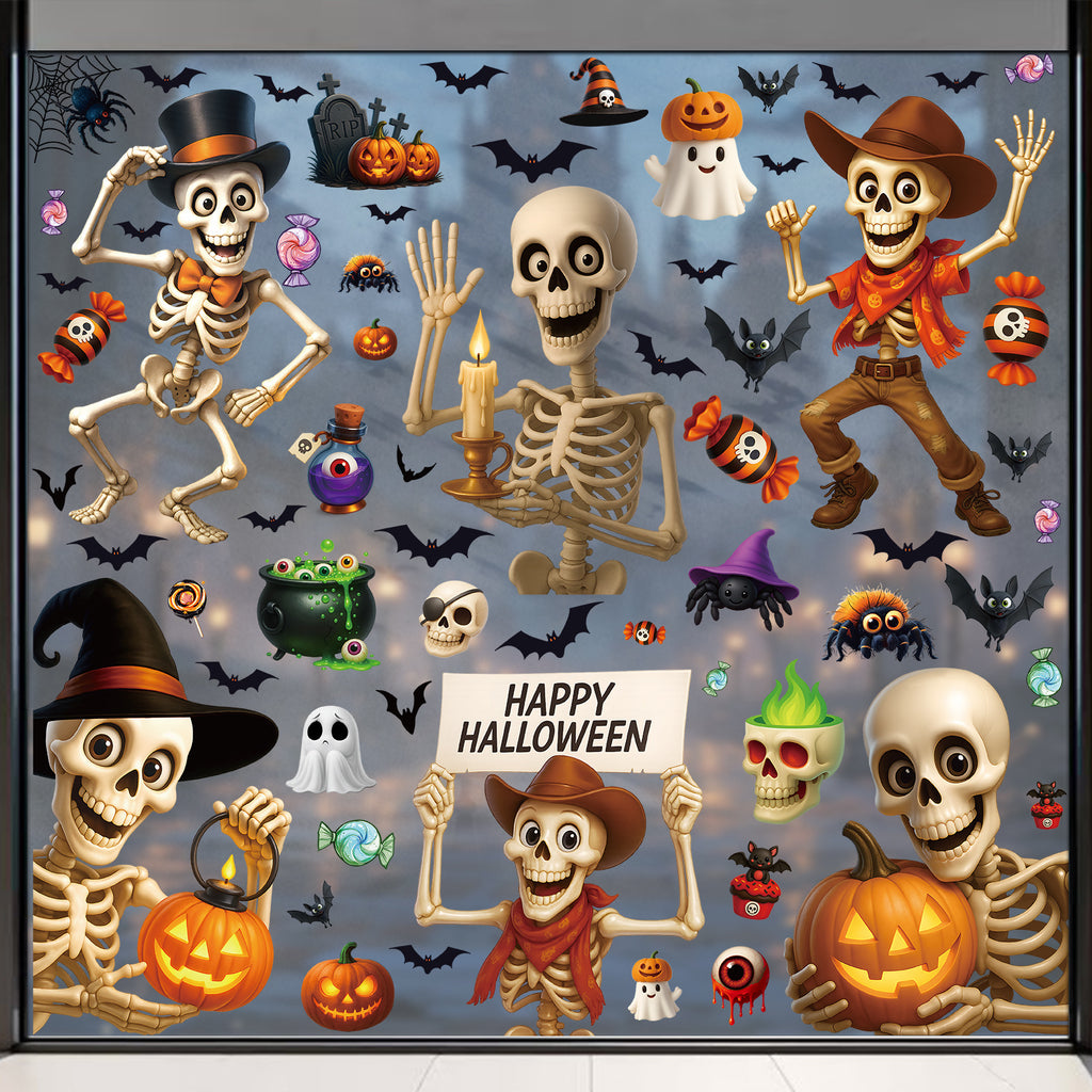 Halloween Funny Skull Pumpkin Bat Static Cling Glass Stickers, Creative Party Decoration Decals