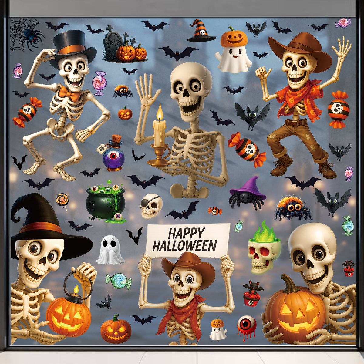 Halloween Funny Skull Pumpkin Bat Static Cling Glass Stickers, Creative Party Decoration Decals